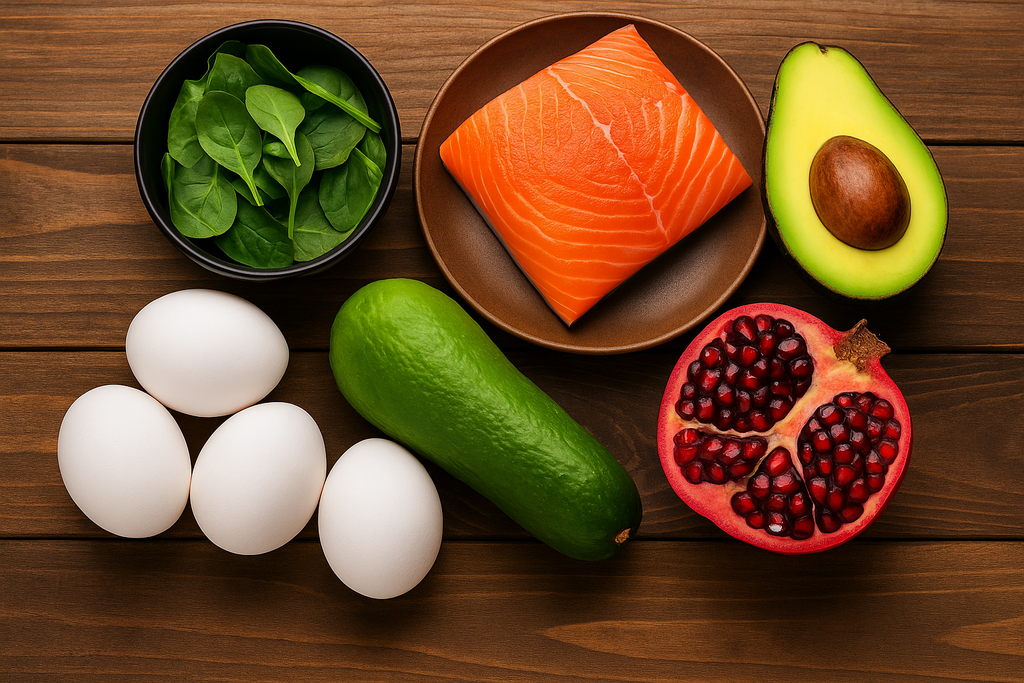 Flat lay of testosterone-boosting foods including salmon, avocado, eggs, spinach, and pomegranate.